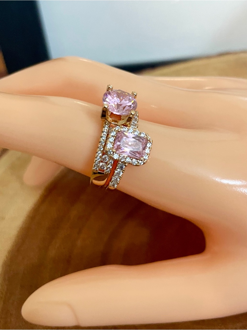 Pink Diamond CZ Rose Gold Filled Two Stacking Rings Set